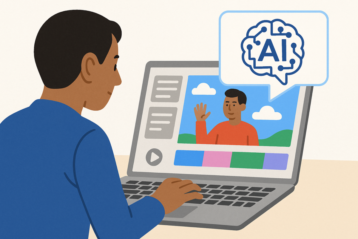 una persona che crea un video usando il laptop